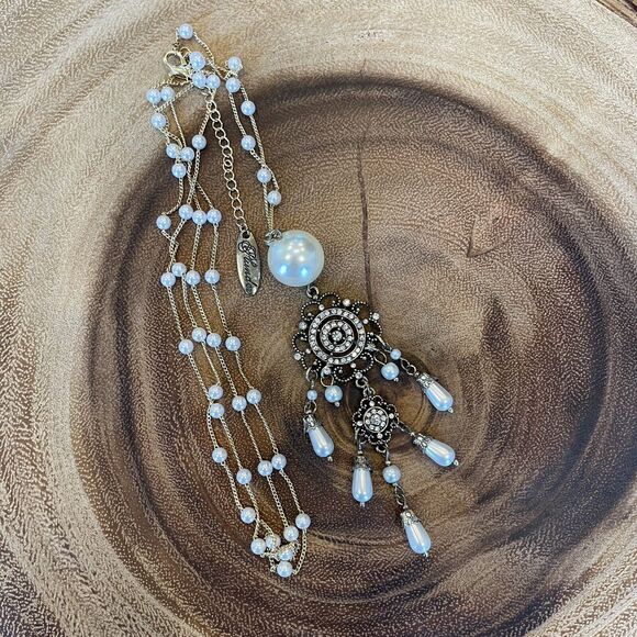 Plunder Design Brand Long Crystal & Faux Pearl Dangle Charm Station Necklace - Picture 5 of 6